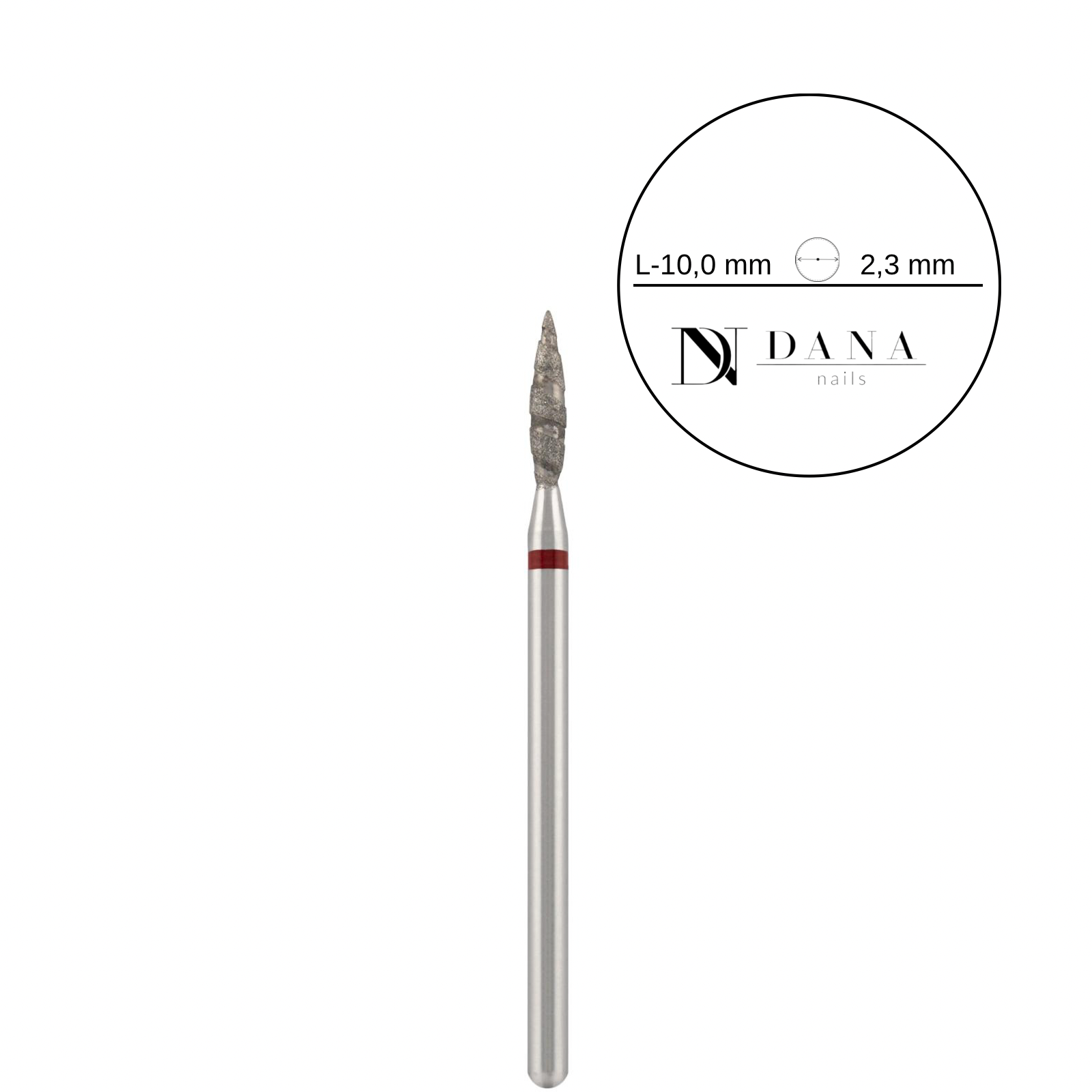 Dana Nails, Diamond bit "tornado" red, L- 10,0 mm., Ø2,3 mm.