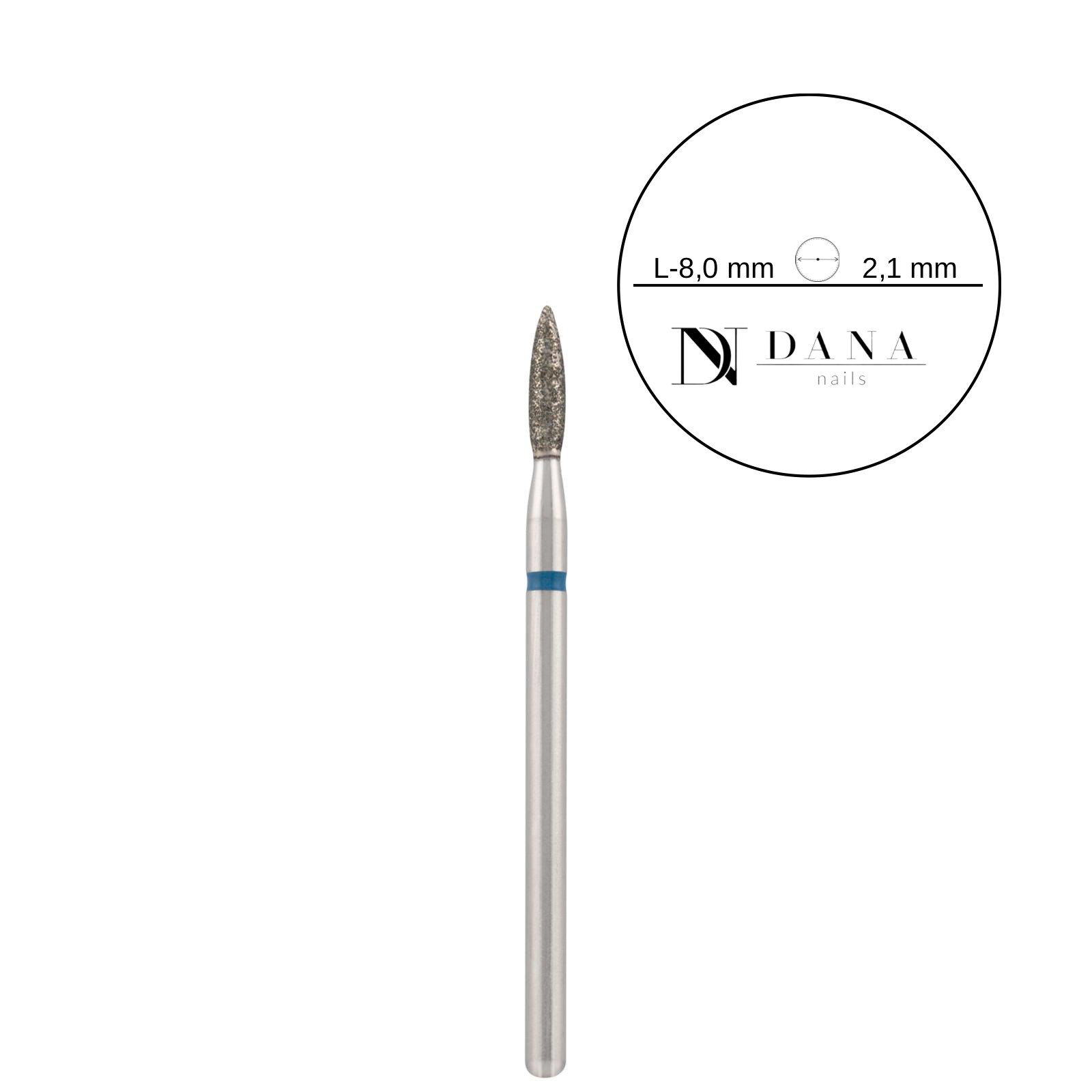 Dana Nails, Diamond bit "flame" safe blue, L- 8,0 mm., Ø2,1 mm.